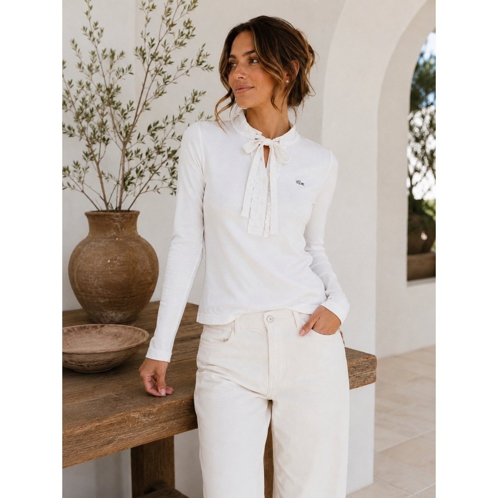 Lacoste White Long Sleeve Ruffle Henley Top Women Size 38 Cotton Stretch Logo